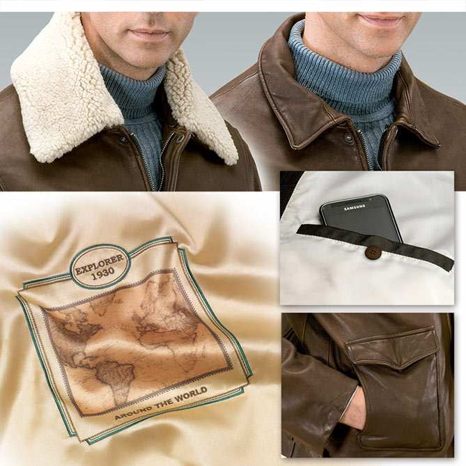 Cazadora Explorer 1930: Forro interior de tela estampada, con diseño exclusivo que reproduce un mapa antiguo.