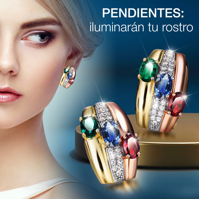 Conjunto ELEGANCIA TRICOLOR: 67 Circonitas, en diferentes tallas y tamaños: 64 en tono Diamante y 3 en tono Esmeralda, Zafiro y Rubí