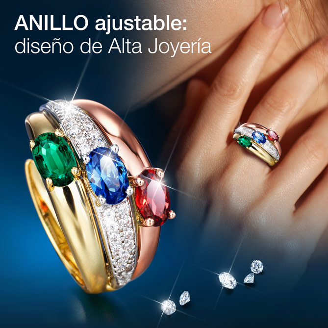 Conjunto ELEGANCIA TRICOLOR: 29 Circonitas, en diferentes tallas y tamaños: 26 en tono Diamante y 3 en tono Esmeralda, Zafiro y Rubí