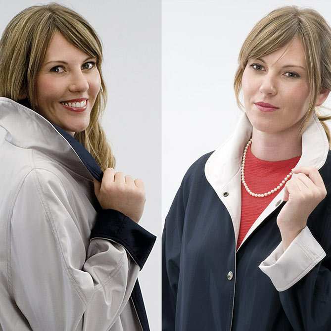 Gabardina Reversible: Tejido reversible con tratamiento anti-lluvia.