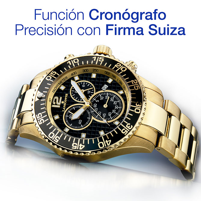 Reloj de hombre clásico de oro, Symbol: 3 subesferas de cronógrafo y día del mes. Indicadores, numerales y agujas con acabado luminiscente.